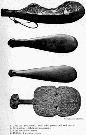 Christchurch Museum.

1. Club (patu) of wood, inlaid with paua shell and carved.

2. Greenstone club (mere pounanu).

3. Club (onewa) of stone.

4. Kotiate of wood or bone.