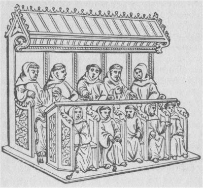 SEMI-CHOIR OF FRANCISCANS.
From a Fifteenth-Century Manuscript.