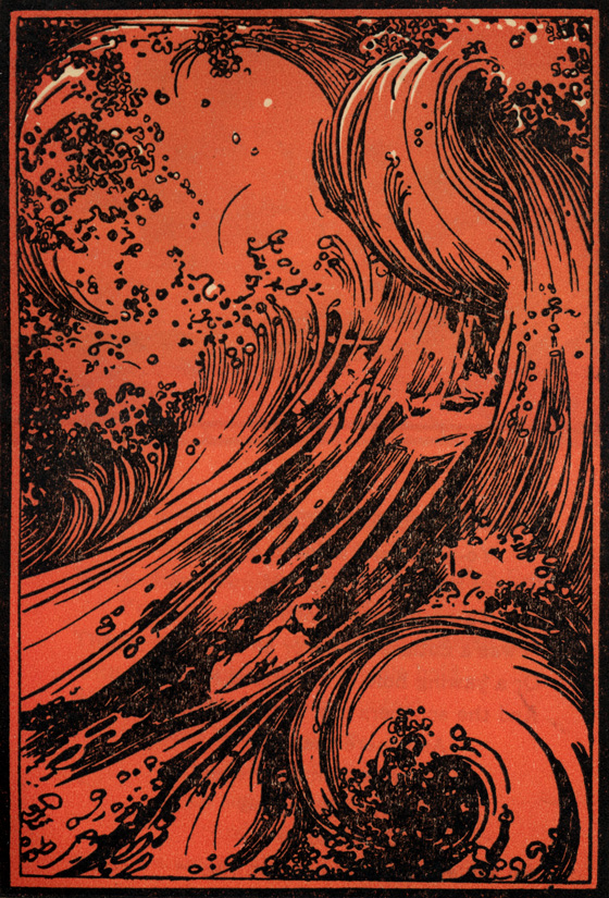 A woodcut of a swelling sea