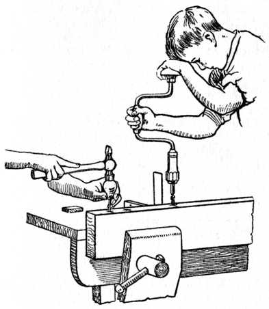 Fig. 194.—Pricking the Centres ready for Boring.
Also showing how Brace is used in conjunction
with Try Square.