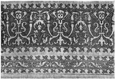 Wide and narrow strip design, edged with floral pattern