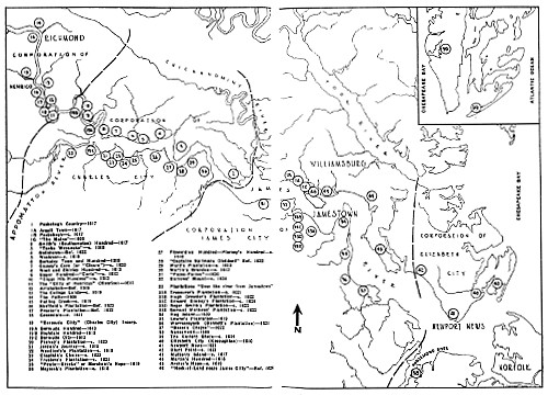 Towns, Plantations, Settlements and Communities in
Virginia: 1607-1624. (The sites of Richmond, Williamsburg and Norfolk
are shown but the cities did not exist at the time.)