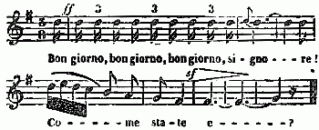 notation musicale

Bon giorno, bon giorno, bon giorno, si - gno - - - re!
Co - - - - - me sta - te e - - - - - - ?