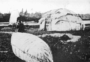 b. Two types of wigwams covered with birch bark

OJIBWAY HABITATIONS, ABOUT 1865