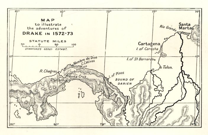 Map to illustrate the adventures of Drake in 1572-73