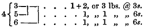 
  { 3—+—+      1 + 2 or 3 lbs @ 3s.
4 { 5—+  |          1, ” 1  ”  ” 6s.
  { 6——-+          1, ” 1  ”  ” 6s.