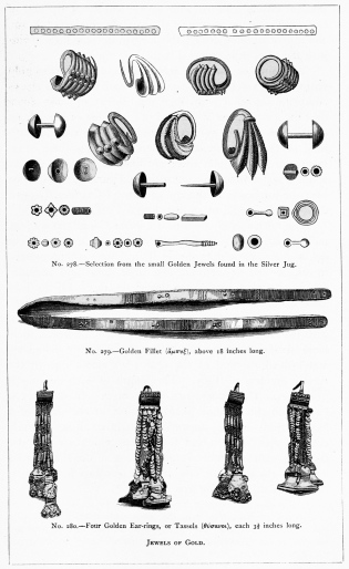 No. 278.—Selection from the small Golden Jewels found in the Silver
Jug.

No. 279.—Golden Fillet (ἄμπυξ), above 18 inches long.

No. 280.—Four Golden Ear-rings, or Tassels (θύσανοι), each 3½ inches
long.

JEWELS OF GOLD.

THE TREASURE OF PRIAM.

Page 336.

