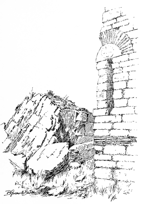 Theodosian Wall.—A Broken Tower, outside.

Many a broken tower shows on the outside some mark or inscription dating
back to the distant days of the glory of old Byzantium.