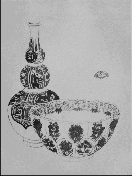 DRAWING IN WASH FOR A CATALOGUE OF BLUE AND WHITE
NANKIN PORCELAIN