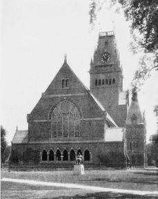 STATUE OF JOHN HARVARD AND MEMORIAL HALL, HARVARD
COLLEGE.