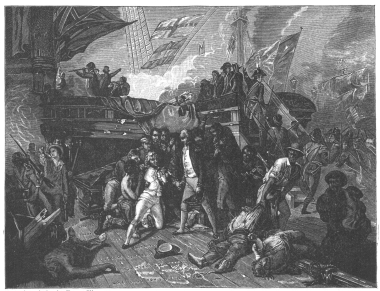 From the painting by Ernest Slingeneyer.

THE DEATH OF NELSON AT TRAFALGAR.