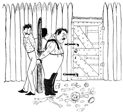 Illustration: Our three travellers tied with their backs to a stake in a stockade with human bones on the ground.